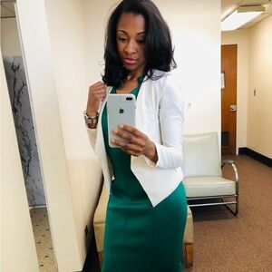 Elegant Green Calvin Klein Dress with White Blazer